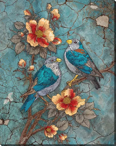 Картина маслом Две птицы и желто-красные цветы