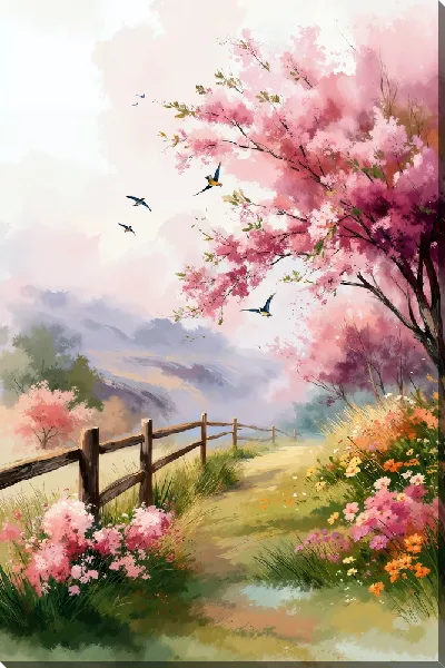 Картина маслом Птицы над цветущими деревьями