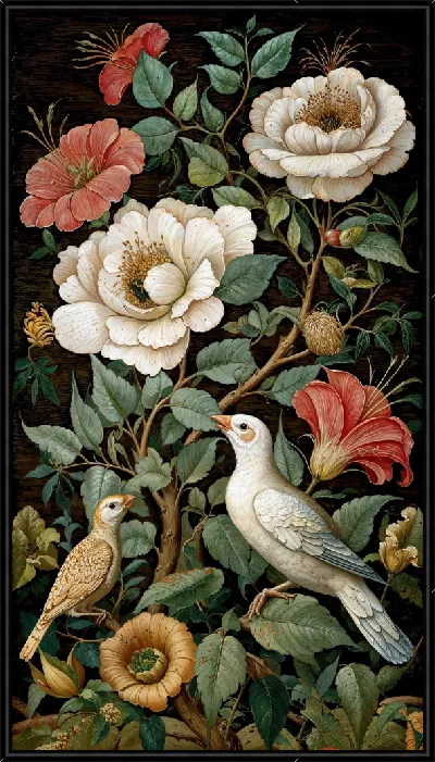 Картина Белые птицы и цветы на черном фоне