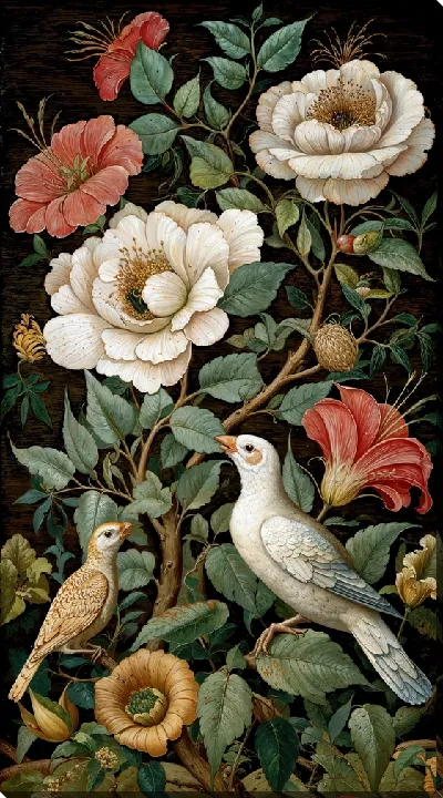 Постер Белые птицы и цветы на черном фоне