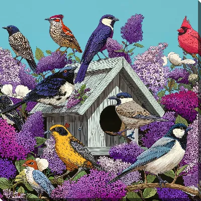 Картина маслом Яркие птицы и цветы