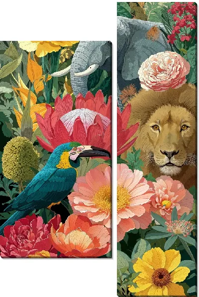 Модульная картина Слон, попугай, лев и цветы