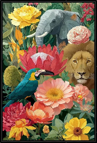 Картина Слон, попугай, лев и цветы