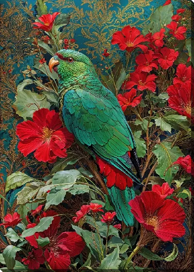 Картина маслом Попугай и яркие красные цветы