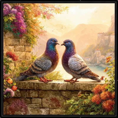 Картина Два голубя на фоне цветов