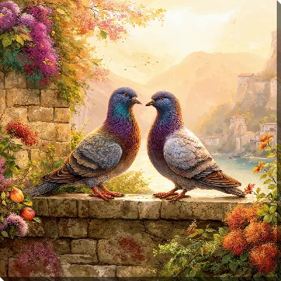 Картина маслом Два голубя на фоне цветов