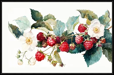 Картина Малина на ветке с цветами