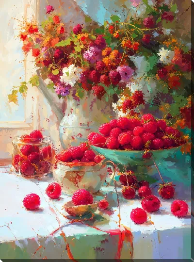 Картина маслом Малина и букет цветов