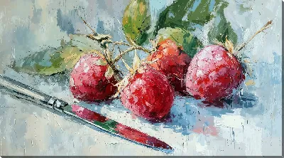 Картина маслом Малина и столовые приборы