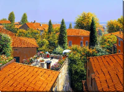 Картина маслом Домики с красными крышами №37