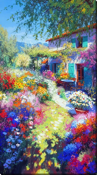 Картина маслом Летний сад с цветами №51