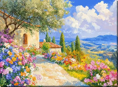 Картина маслом Летний сад с цветами №58