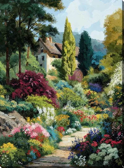 Картина маслом Летний сад с цветами №64