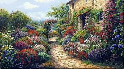 Картина маслом Летний сад с цветами №75