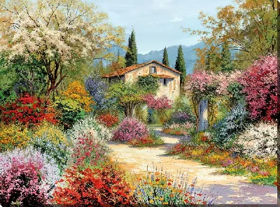 Картина маслом Летний сад с цветами №82