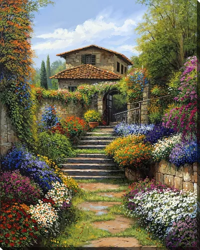 Картина маслом Летний сад с цветами №84