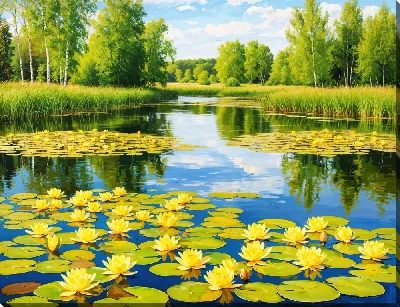 Картина маслом Русский пруд с кувшинками