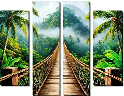 Модульная картина Канатный мост и туманные горы в джунгялх