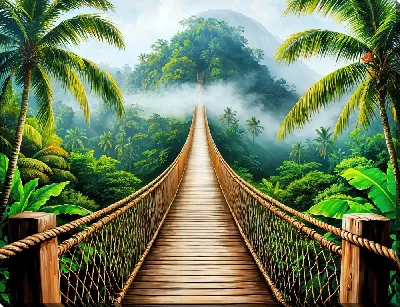 Картина маслом Канатный мост и туманные горы в джунгялх