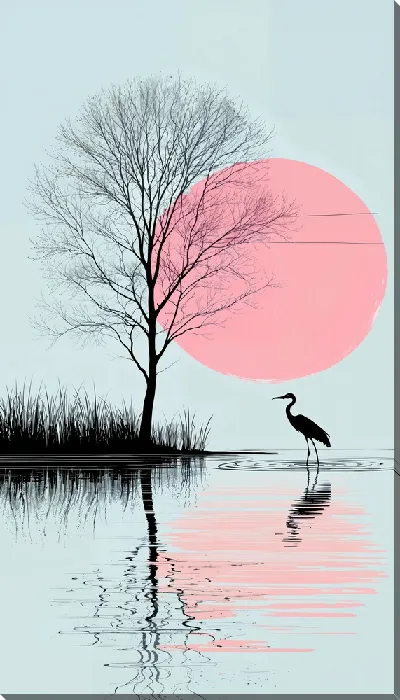 Картина маслом Цапля на фоне розового Солнца