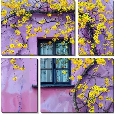 Модульная картина Цветущее дерево на фасаде с окном