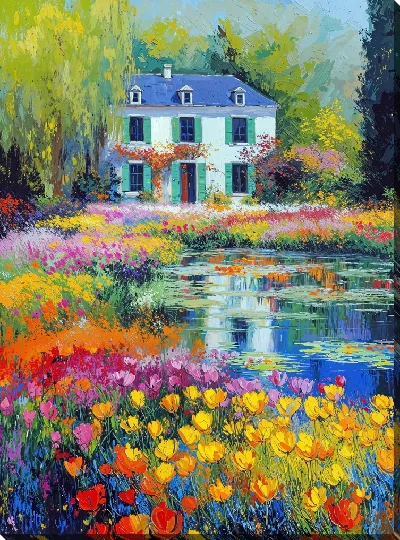 Картина маслом Летний пруд с цветами