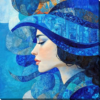 Картина маслом Дама модная в синей шляпе