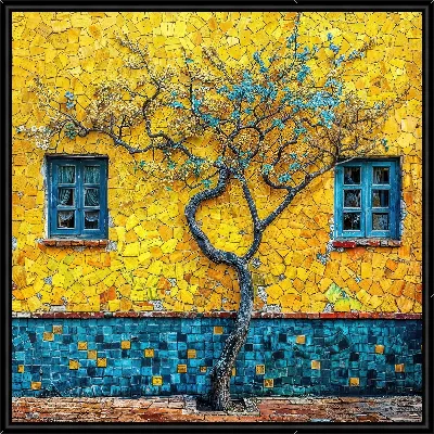 Картина Дерево на фоне желтого фасада