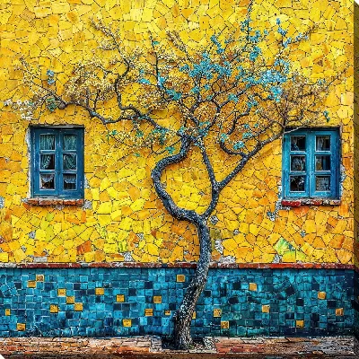 Картина маслом Дерево на фоне желтого фасада