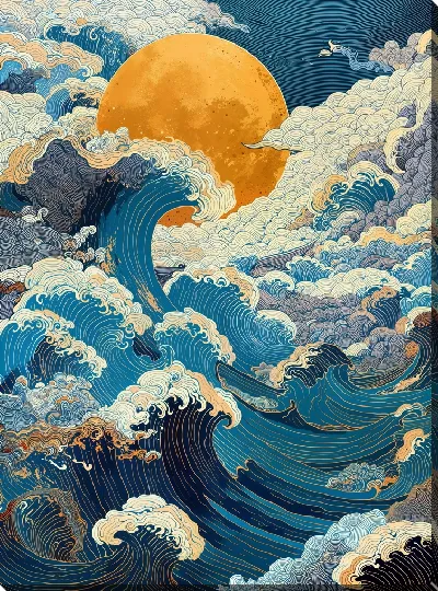 Картина маслом Бушующие волны и Солнце