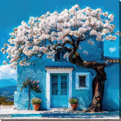 Картина маслом Цветущее дерево на фоне голубого дома