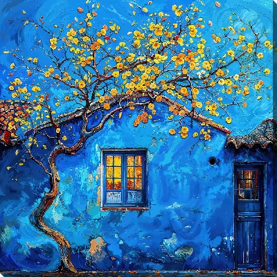Картина маслом Цветущее дерево на фоне вечернего дома