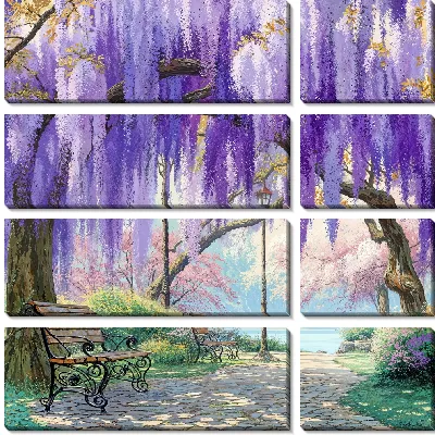 Модульная картина Глициния в парке со скамейками