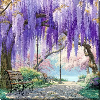 Картина маслом Глициния в парке со скамейками