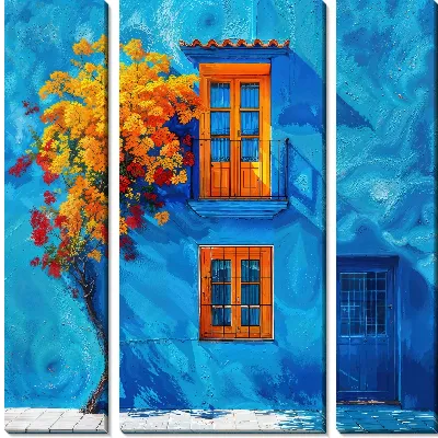 Модульная картина Цветущее дерево на фоне синего фасада дома