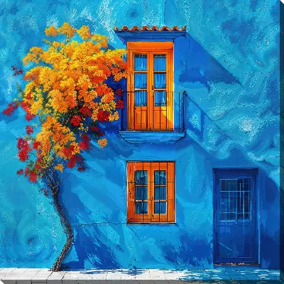 Картина маслом Цветущее дерево на фоне синего фасада дома
