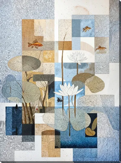 Картина маслом Коллаж с рыбками и лотосом