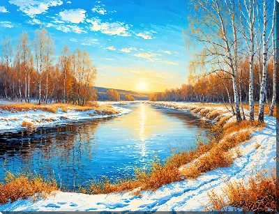 Картина маслом Ранняя зима над рекой в лучах Солнца