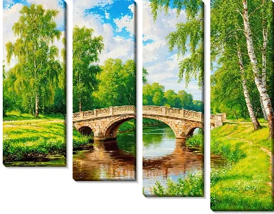 Модульная картина Мост через речку в летнем парке