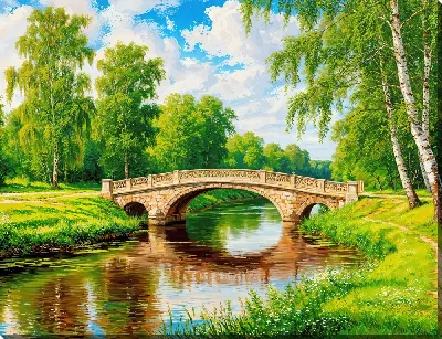 Картина маслом Мост через речку в летнем парке