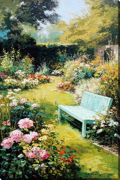 Картина маслом Летний садик со скамейкой
