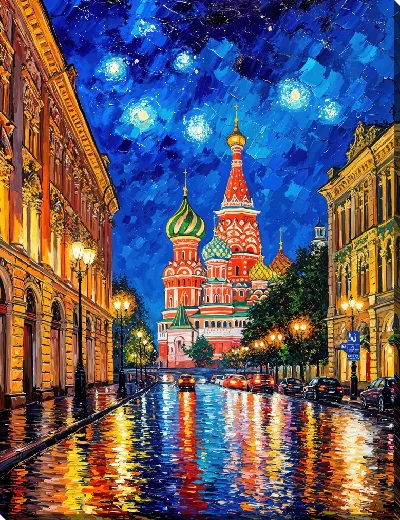 Картина маслом Ночь. Улица. Москва