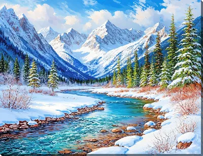 Картина маслом Речка в горах зимой