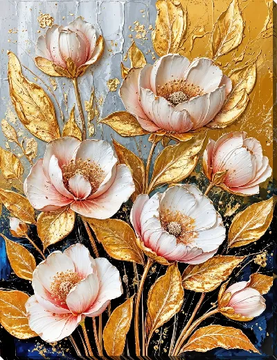 Картина маслом Цветы с золотыми листьями №4