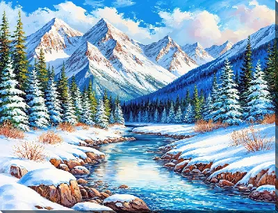 Картина маслом Горная река в заснеженных горах