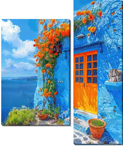 Модульная картина Оранжевая дверь голубого фасада