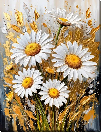Картина маслом Ромашки с золотыми листьями