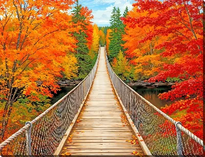Картина маслом Подвесной мост сквозь яркую осень