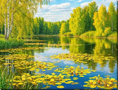 Картина маслом Летний пруд с кувшинками в полдень