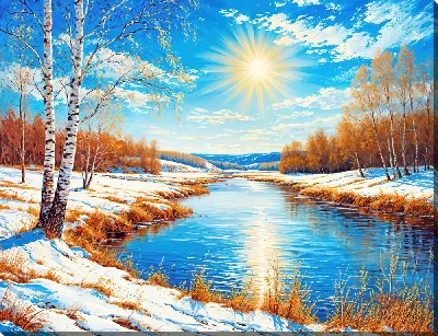 Картина маслом Яркое зимнее Солнце над рекой